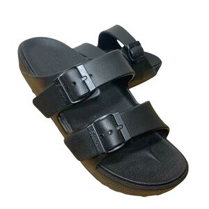 Skechers Black Slide Sandals Dual Straps Sz 7 Arch Support Minimalist Beach